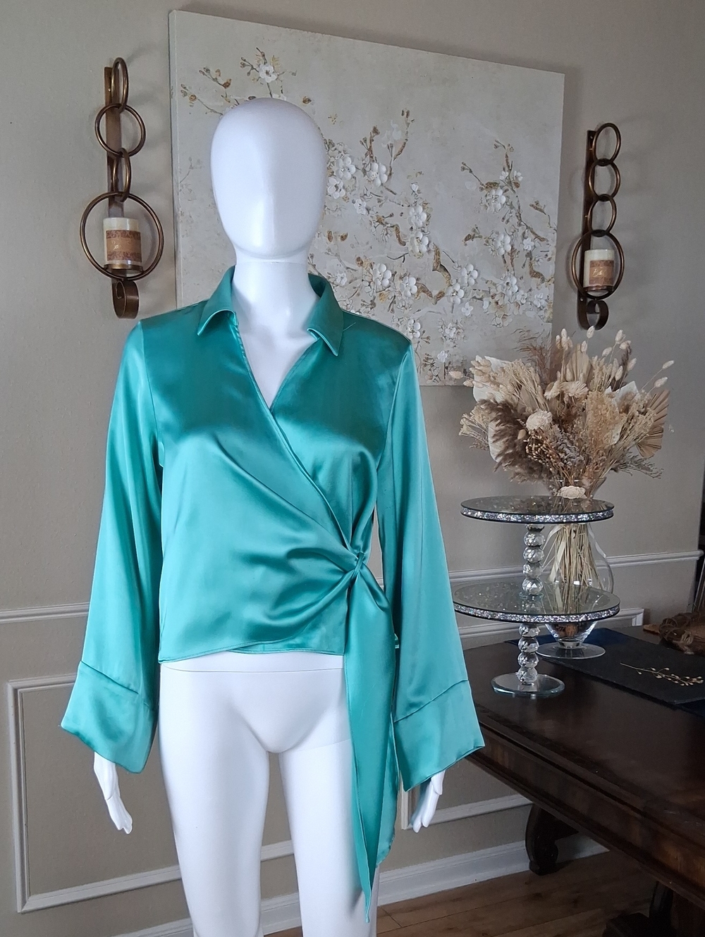 Zara Women's Teal Satin Glossy Fluid V Neck Wrap Long Sleeves Blouse Medium - Picture 5 of 16